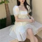 Puff-sleeve Ombre A-line Dress White - One Size