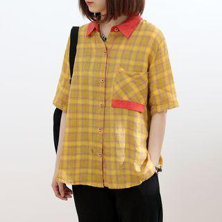 Contrast Trim Plaid Short-sleeve Blouse