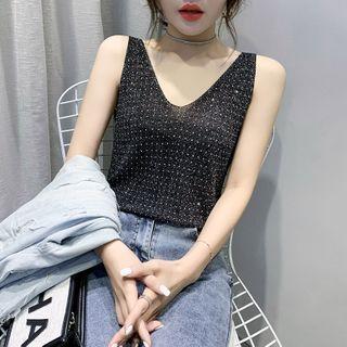 V-neck Rhinestone Knit Tank Top