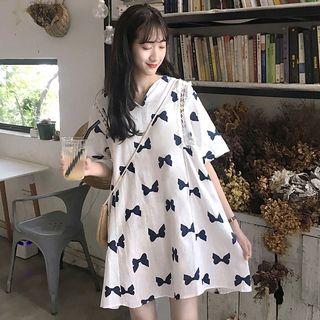 Elbow-sleeve Perforated Trim Ribbon Print Tunic Dress