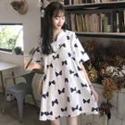 Elbow-sleeve Perforated Trim Ribbon Print Tunic Dress