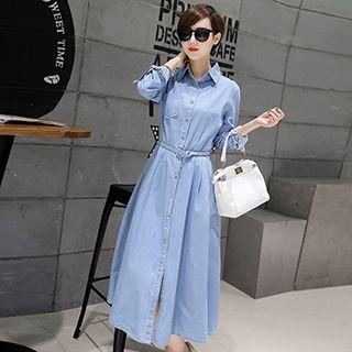 Buttoned Midi Denim Dress With Belt