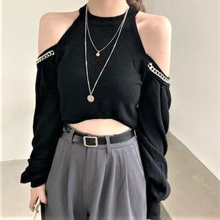 Long-sleeve Cold Shoulder Chained Crop Top