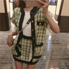Color Block Short-sleeve Cardigan / High-waist A-line Skirt