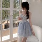 Square-neck Sleeveless Mesh Layered Dress Blue Dress - One Size