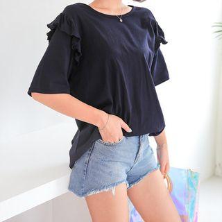 Elbow-sleeve Frill-trim T-shirt