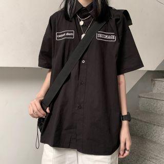 Elbow-sleeve Lettering Embroidered Shirt