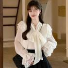 Flared-cuff Lace Trim Bow-tie Blouse Off-white - One Size