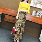 Set: Plain Off Shoulder Elbow Sleeve Top + Patterned Midi Skirt