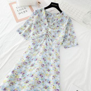 Short-sleeve Floral Print Shirred Midi Chiffon Dress