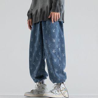 Drawstring-cuff Print Wide-leg Jeans