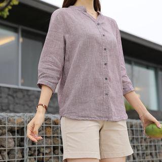 3/4-sleeve Checked Linen Blend Shirt