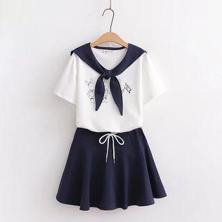 Set: Short-sleeve Rabbit Print T-shirt + A-line Skirt Set Of 2 - T-shirt & Skirt - White & Navy Blue - One Size