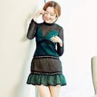 Perforated Color Block Long Sleeve Dress