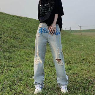 Lettering Embroidered Distressed Jeans