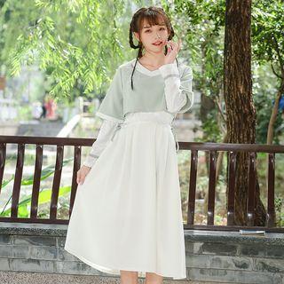 Set: Embroidered Short-sleeve T-shirt + V-neck Long-sleeve A-line Dress