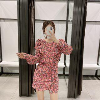 Shirred-sleeve Floral Print Drawstring A-line Dress