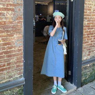 Short-sleeve Midi A-line Denim Dress Light Blue - One Size
