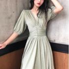 V-neck Lantern-sleeve Midi Dress
