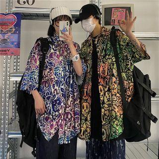 Elbow-sleeve Cartoon Pattern Print Shirt