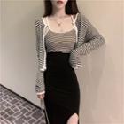Striped Cardigan / Camisole Top / Midi Slit Pencil Skirt / Set