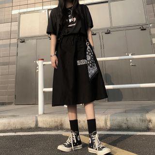Lettering Print A-line Midi Skirt