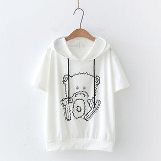 Short-sleeve Cartoon Bear Print Hooded T-shirt