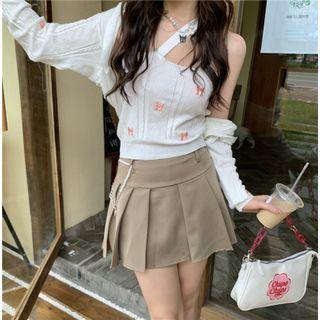 Bow-accent Embroidered Top + Cardigan Set Of 2 - One Size