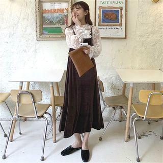 Lace Long-sleeve Sheer Top / Velvet Sleeveless Dress