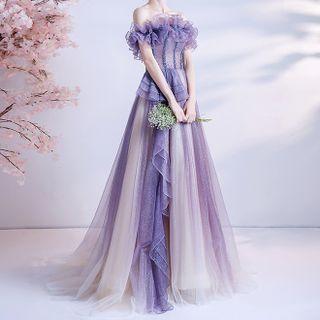 Off-shoulder Ruffle Rhinestone A-line Evening Gown