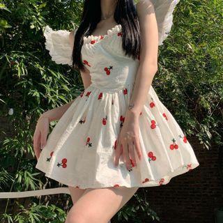 Spaghetti Strap Cherry Embroidered Dress