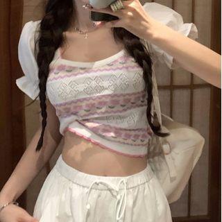 Short-sleeve Floral Knit Top Pink & White - One Size