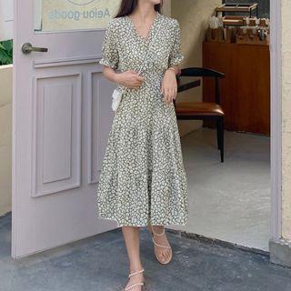 V-neck Short-sleeve Floral Print Midi Dress (various Design)