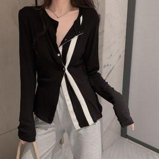 Long Sleeve Two-tone Irregular Cardigan Black - One Size