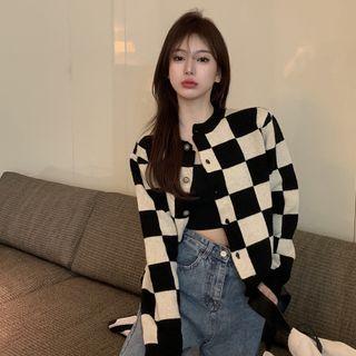 Checker Print Cardigan Checker - Almond & Black - One Size