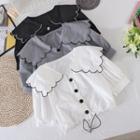 Lapel Embroidered Color Block Drawstring Puff-sleeve Top