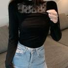 Mock-turtleneck Long-sleeve Lace Panel T-shirt