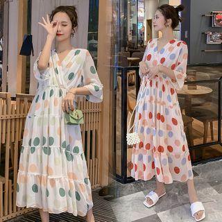 Elbow-sleeve Tiered Dotted Chiffon A-line Midi Dress