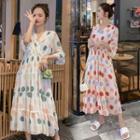 Elbow-sleeve Tiered Dotted Chiffon A-line Midi Dress