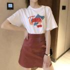 Short-sleeve Tomato Print T-shirt / Side-slit Mini A-line Skirt