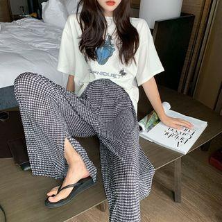 Houndstooth Wide-leg Pants Plaid - One Size