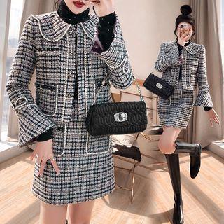 Set: Plaid Tweed Button-up Jacket + Mini Pencil Skirt