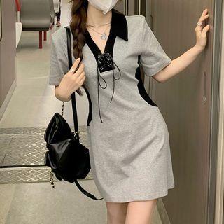 Short-sleeve Two Tone Mini Sheath Polo Dress