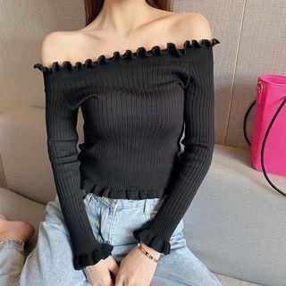 Ruffle Trim Off-shoulder Long-sleeve Knit Top