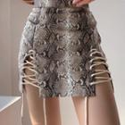 High-waist Snakeskin Print Lace-up Slit Mini A-line Skirt