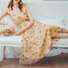 Floral Embroidered Shoulder-tie A-line Dress