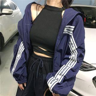 Halter Crop Top / Lettering Trim Hooded Jacket / Contrast Trim Sweatpants