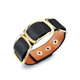 Simple Elegant Plated Gold Wide Version Black Leather Bracelet Golden - One Size