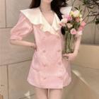 Puff-sleeve Color Block Lapel Double-breasted Dress