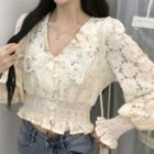 Smocked Waist Lace Panel Floral Blouse